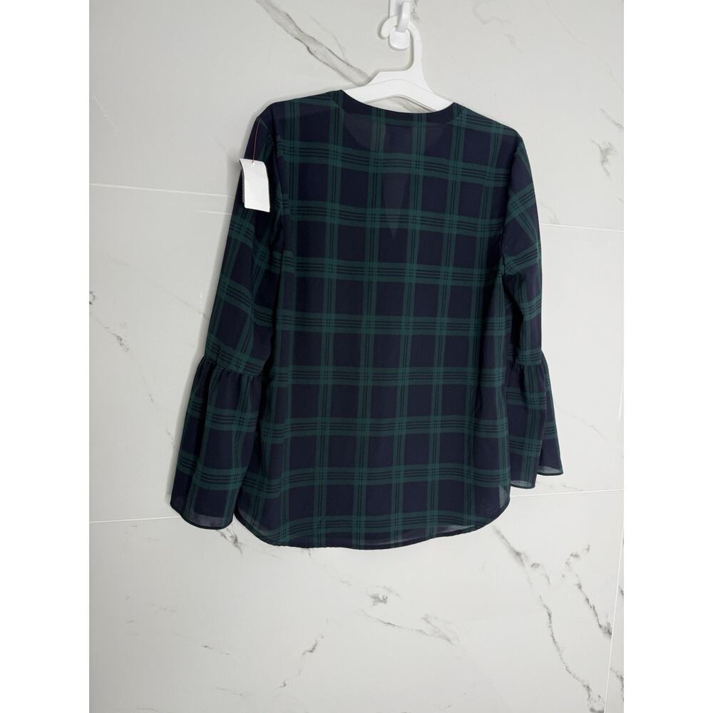 J.CREW Blouse Top XXS Green & Navy Tartan Plaid V Neck 3/4 Bell Sleeves Preppy - Picture 2 of 7